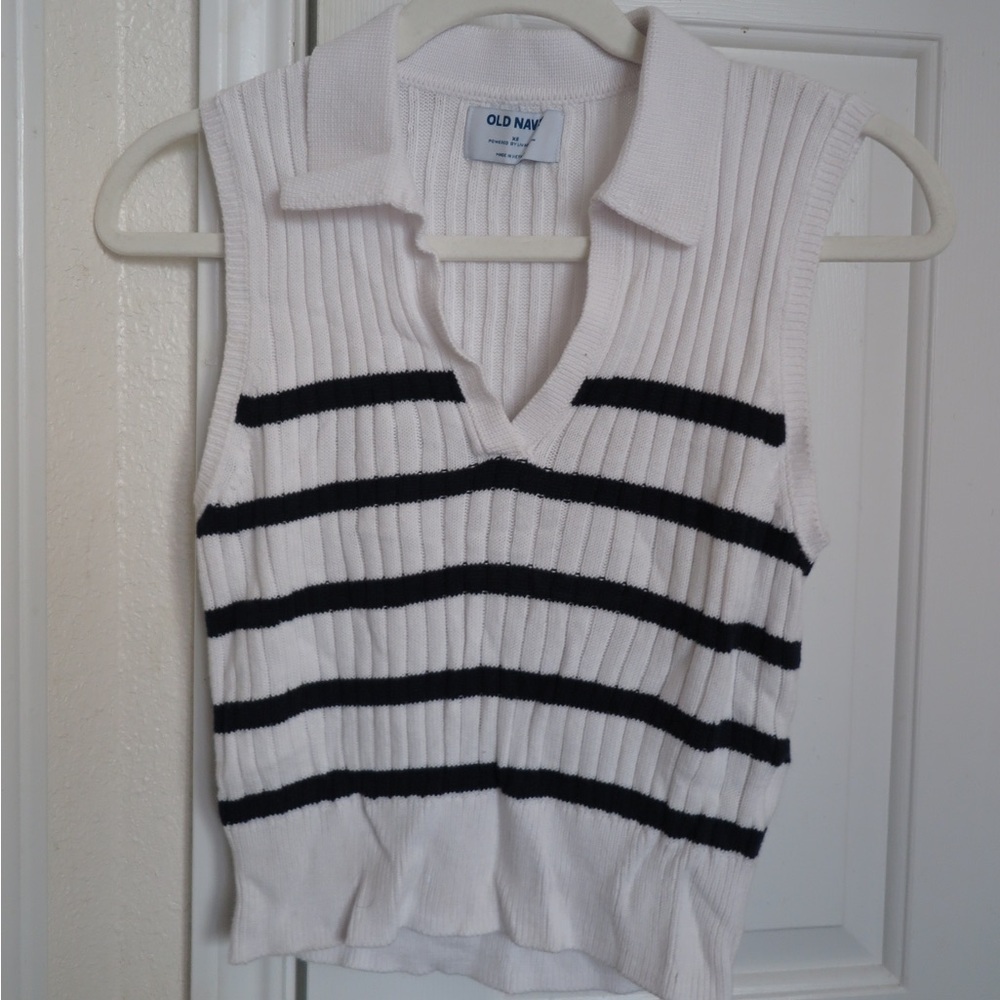 White and Black Striped Sleeveless Sweater Vest